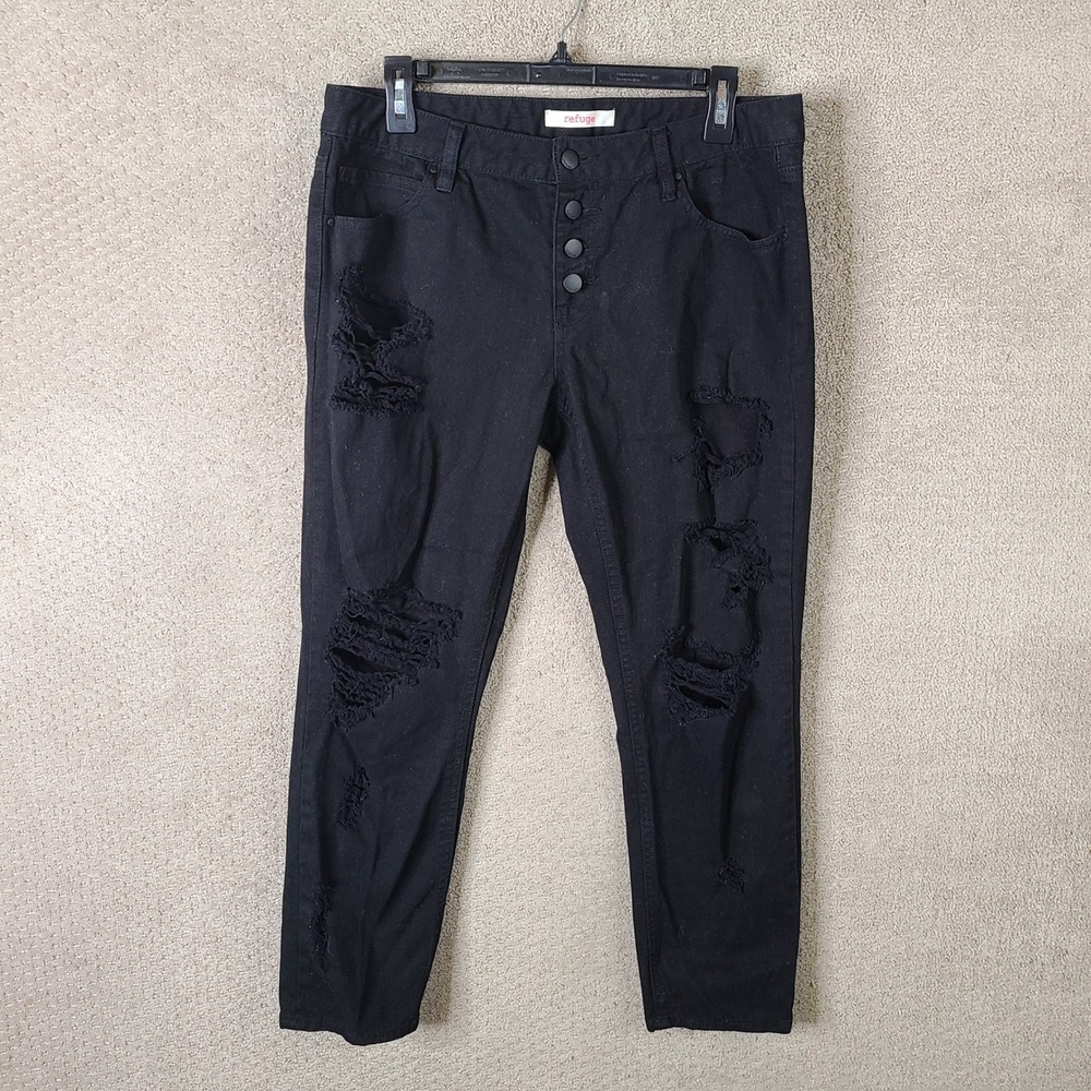 Refuge Jeans Womens 10 Black‎ Distressed Button Fly Skinny Cotton